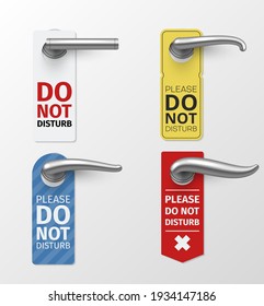 Door knob hanger sign different design set. Do not disturb please entrance element. Hanging tags for office, hotel, clinic, room doorway, entry. Vector illustration collection isolated on background.