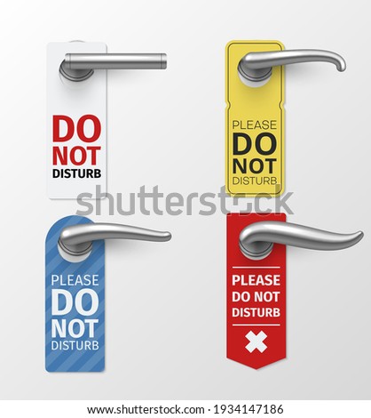 Door knob hanger sign different design set. Do not disturb please entrance element. Hanging tags for office, hotel, clinic, room doorway, entry. Vector illustration collection isolated on background.
