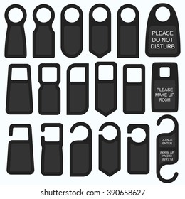 Door knob hanging signs. Vector set of hanger tags for room in Hotel. Collection of templates Please do not disturb sign or please make up room sign. Hotel or motel service label silhouette.