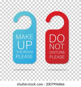 Door knob warning hangers set. Do not disturb and make up the room. Door signs template. Vector illustration isolated.