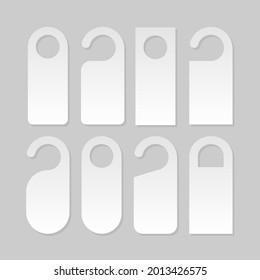 Door knob warning hangers set. White blank door signs template. Vector illustration isolated on grey background