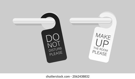 Door knob warning hangers set. Do not disturb and make up the room. Plaques hang on the door handles. Vector illustration isolated.