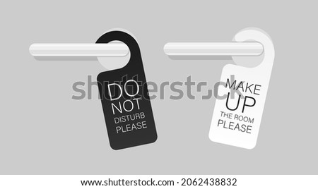 Door knob warning hangers set. Do not disturb and make up the room. Plaques hang on the door handles. Vector illustration isolated.