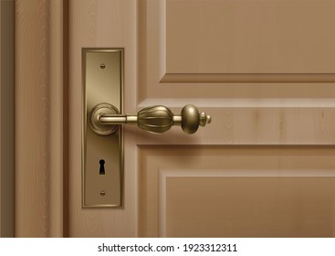 Door knobs handles realistic composition with closeup view of door with ornate handle and key hole vector illustration