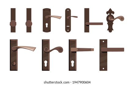Door knobs set. Bronze vector classic handles for interiors in cartoon style.