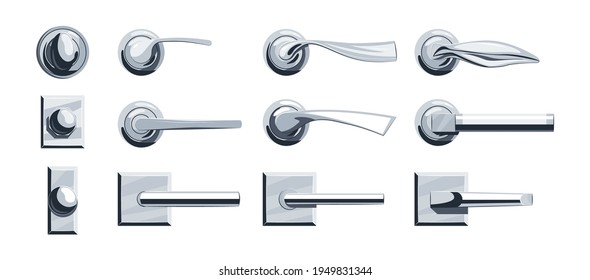 Door knobs set. Metal vector classic handles for interiors in cartoon style.