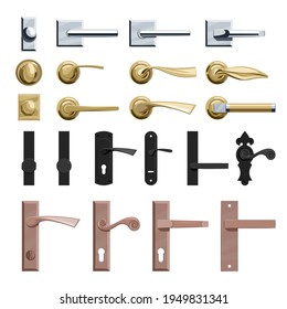 Door knobs set. Vector classic handles made of steel, gold, iron and copper for interiors in cartoon style.