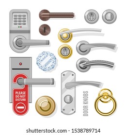 Door knobs vector doorknob handle to lock doors at home and metal door-handle in house interior illustration. Set of entrance door-knob design isolated on white background.