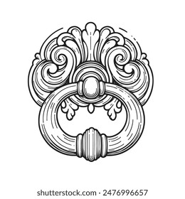 A door knocker with a flowery design. The knocker is ornate and has a large, round handle