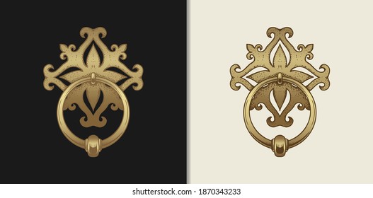 Door knocker or door handle. Vector gold vintage engraving illustration on a dark and bright background. For web, posters, infographics, tattoos, tarot cards.