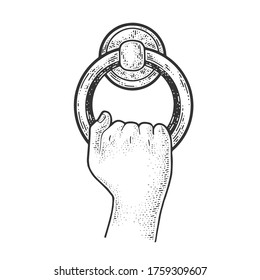 Door knocker ring sketch engraving vector illustration. T-shirt apparel print design. Scratch board imitation. Black and white hand drawn image.