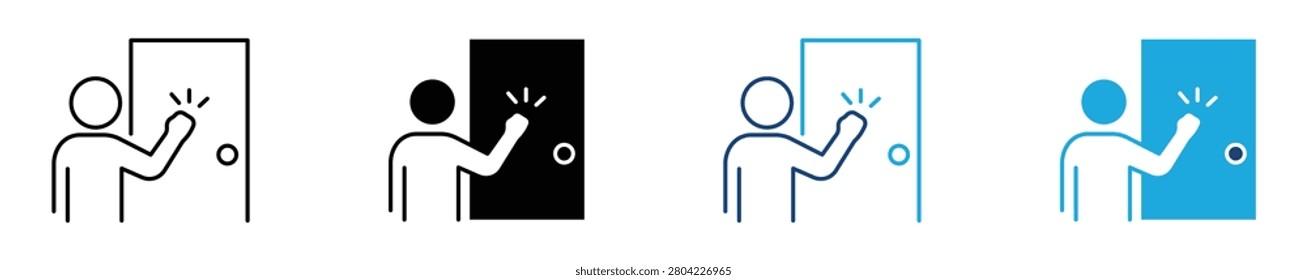 Door knocking icon set people knocking on a door in various colors and styles . Vector illustration.