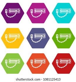 Door latch icons 9 set coloful isolated on white for web