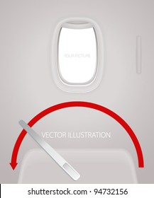 Door With Lever For Open And Porthole Of Airplane. Creative Concept Of Travel By Plane. Interior Of Aircraft With Your Ideas Of View From Window And Meaning Of The Flight. Vector Layout