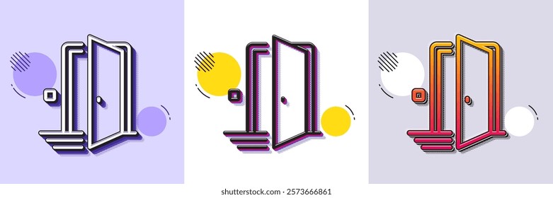 Door line icon. Halftone dotted pattern. Gradient icon with grain shadow. Open doorway sign. Home interior symbol. Line door icon. Various designs. Vector