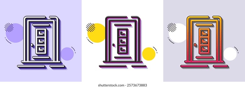 Door line icon. Halftone dotted pattern. Gradient icon with grain shadow. Building entrance sign. Exit doorway symbol. Line door icon. Various designs. Vector