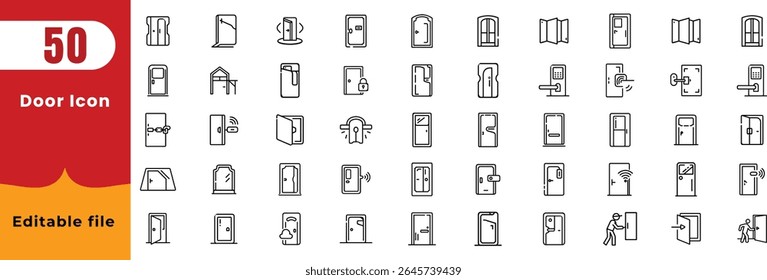 Conjunto de ícones de vetor de linha de porta. Pixel fino ilustração vetor perfeita Traçado editável. Contendo entradas, saída, campainha, bater, porta aberta, casa, porta fechada, puxar, empurrar e mais