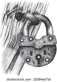 Door lock in a grafic style. Ink barn vintage lock.