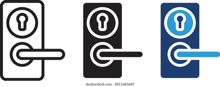 Door Lock Icon Set. Editable Stroke Outline, Glyph and Flat Color Security Door Handle Icons for Access Control, Privacy and Smart Lock Systems