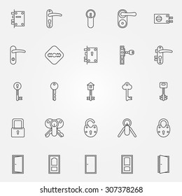 Door Lock Icons - Vector Set Of Door, Keys, Lock Symbols In Thin Line Style