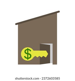 Türschloss-Taste mit Dollar-Symbol innen und Haus-Gebäude mit offener Tür. Vektorgrafik auf leerem, sauberem, weißem Hintergrund mit Platz für Text.