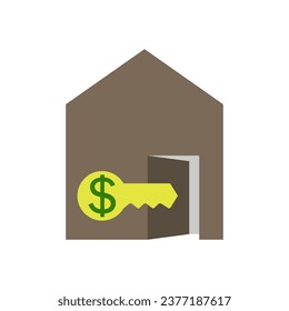 Türschloss-Taste mit Dollar-Symbol innen und Haus-Gebäude mit offener Tür. Vektorgrafik auf leerem, sauberem, weißem Hintergrund mit Platz für Text.