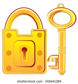 Door lock and key from gild on white background