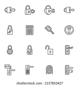 Conjunto de iconos de bloqueo de puertas y línea de teclas, colección de símbolos de vector de contorno, paquete de pictogramas de estilo lineal. Señales, ilustración del logotipo. Set incluye iconos como candado con código secreto, controlador de puerta, llave de coche