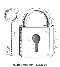 Door lock and key sketch cartoon illustration