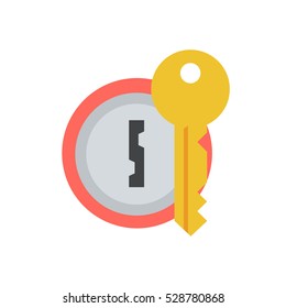 Door Lock With Key Vector Icon In A Flat Style. Concept Security Symbol, Security Or Confidentiality. Round Keyhole Key Isolated From The Background. Sign Lock Password Or Code. 