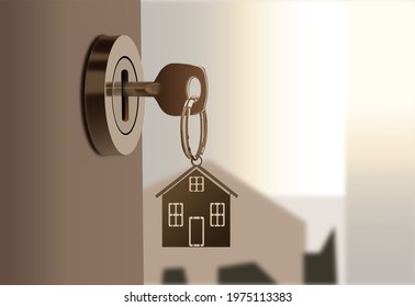 a door lock with a pendant with a picture of a house on it. Vector of home security manually using door locks. Residential and housing security. Door key from metal ring. Unlock the door