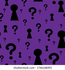 Door lock and question marks on a purple background. Seamless pattern for wallpaper, fabric, wrapping paper, cover design.