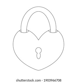 Door lock in the shape of a heart. Sketch. A symbol of love and strong relationships of the newlyweds. Vector illustration. Isolated background. Valentines Day. Coloring book for children. Keyhole. 