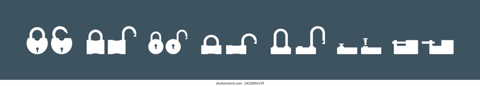 Door lock silhouette with keyhole. Padlock icon. Close and open padlock door vector set. Icons of locked and unlocked lock on background. Vector flat illustration. Isolated
