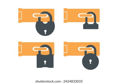 Door lock silhouette with keyhole. Padlock icon. Locked padlock with door hinge buckle vector set. Icons of locked lock on background. Flat vector illustration. Isolated