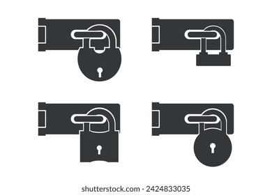 Door lock silhouette with keyhole. Padlock icon. Locked padlock with door hinge buckle vector set. Icons of locked lock on background. Flat vector illustration. Isolated