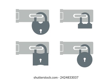 Door lock silhouette with keyhole. Padlock icon. Locked padlock with door hinge buckle vector set. Icons of locked lock on background. Flat vector illustration. Isolated