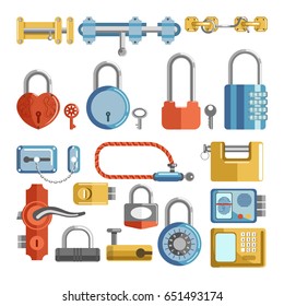 Door locks and padlock latches keys vector retro and modern flat icons