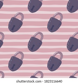 Door locks silhouettes seamless doodle pattern. Simple vintage print in purple colors on pink stripped background. Great for wallpaper, textile, wrapping paper, fabric print. Vector illustration.