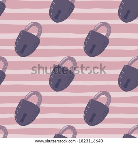 Door locks silhouettes seamless doodle pattern. Simple vintage print in purple colors on pink stripped background. Great for wallpaper, textile, wrapping paper, fabric print. Vector illustration.