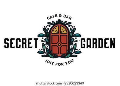 Diseño del logotipo de la puerta, logotipo de Floral, logotipo del jardín secreto, logotipo del jardín, símbolo del café, restaurante, bar, diseño dibujado a mano