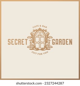 Diseño del logotipo de la puerta, logotipo de Floral, logotipo del jardín secreto, logotipo del jardín, símbolo del café, restaurante, bar, diseño dibujado a mano