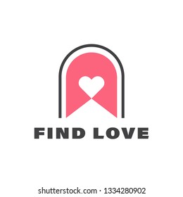 Door logo with love shape inside light red color which represent finding love for single to meet their soul mate using modern design style logo vector isolated