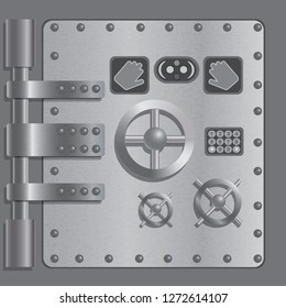 The door is made of metal. Reliable safe room. Armor, insurmountable for hacking. Vector graphics.