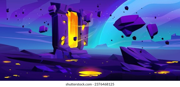 Door with magic portal to travel to another universe or time on rocky surface of alien planet in space. Cartoon game ui landscape with glowing mysterious entrance to parallel reality or fantasy world.