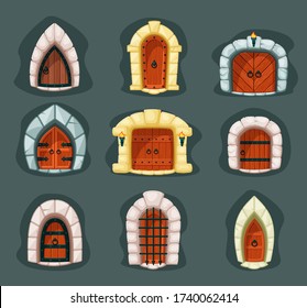 Door medieval set. Gothic wooden gate entrance with bars and round handle in stone facade, reinforced with iron strip, ancient historical architecture of castles, dungeons. Vector graphics.