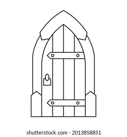 Icono de contorno de vector medieval de la puerta. Castillo de puertas de ilustración de vectores sobre fondo blanco. Icono de ilustración de contorno aislado de puerta medieval.