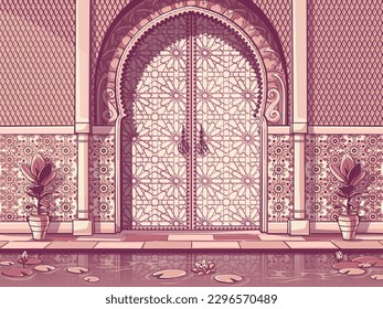 Door to a Moroccan-style building in a patio with a pond. Traditional colorful ornament