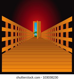 The door to the nature of the wooden flooring. Vector illustration.
