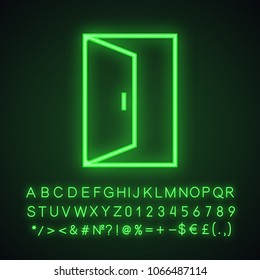 Door neon light icon. Exit, entrance. Glowing sign with alphabet, numbers and symbols. Vector isolated illustration
